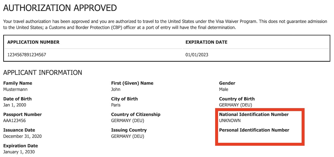 National Identification Number On The ESTA Confirmation